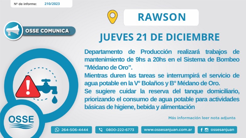 Realizarán mantenimiento en el Sistema de Bombeo "Médano de Oro”, Rawson