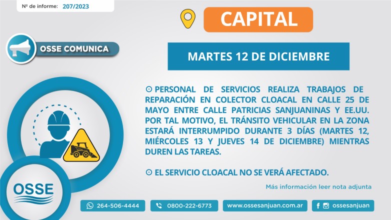 OSSE reemplazará el colector cloacal en Capital