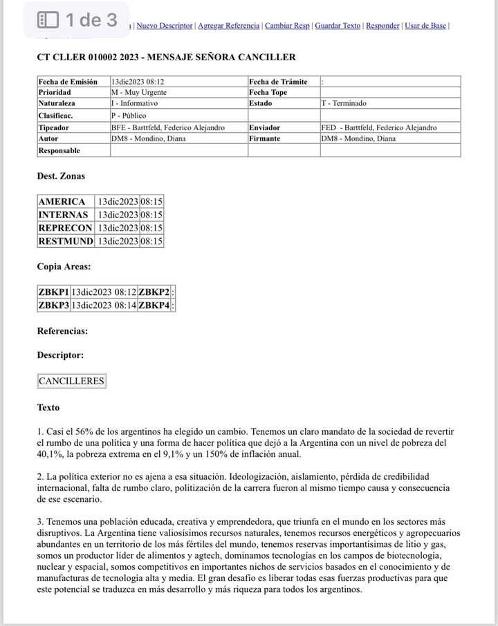 La primera página de la circular de Diana Mondino, en la que habla de la herencia recibida en Cancillería y establece una hoja de ruta en política exterior.