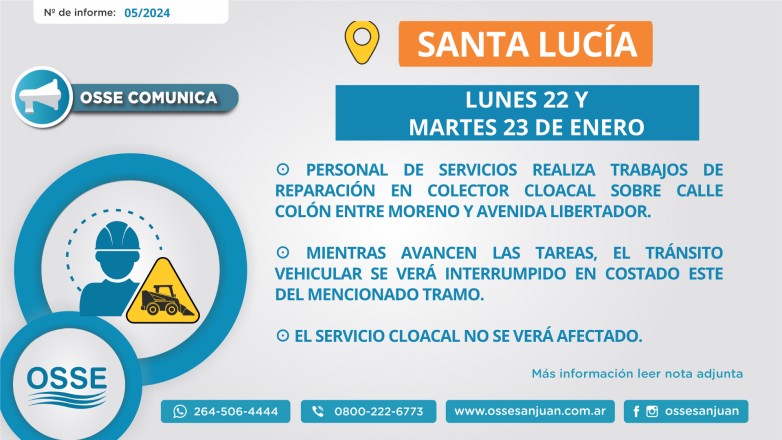 OSSE repara un colector cloacal en Santa Lucía