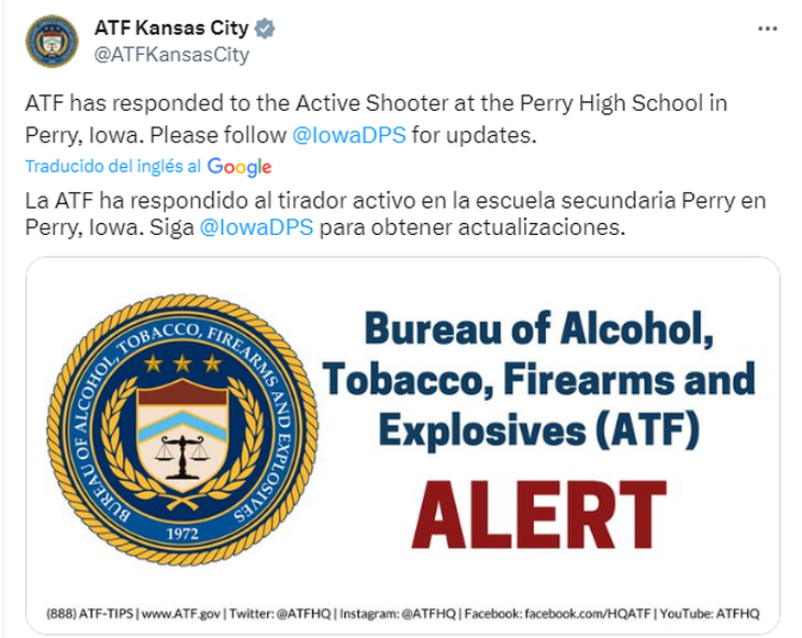 La Oficina de Alcohol, Tabaco, Armas de Fuego y Explosivos (ATF) ha respondido al incidente del pistolero activo en Perry High School, la División de Campo de Kansas City de la ATF.