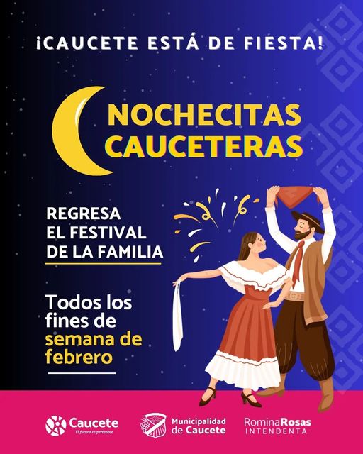 Puede ser una imagen de 2 personas y texto que dice "¡CAUCETE ESTÁ DE FIESTA! NOCHECITAS CAUCETERAS REGRESA EL FESTIVAL DE LA FAMILIA Todos los fines de semana de febrero Caucete Elfuturot futura pertenece Municipalidad de Caucete RominaRosas INTENDENTA"